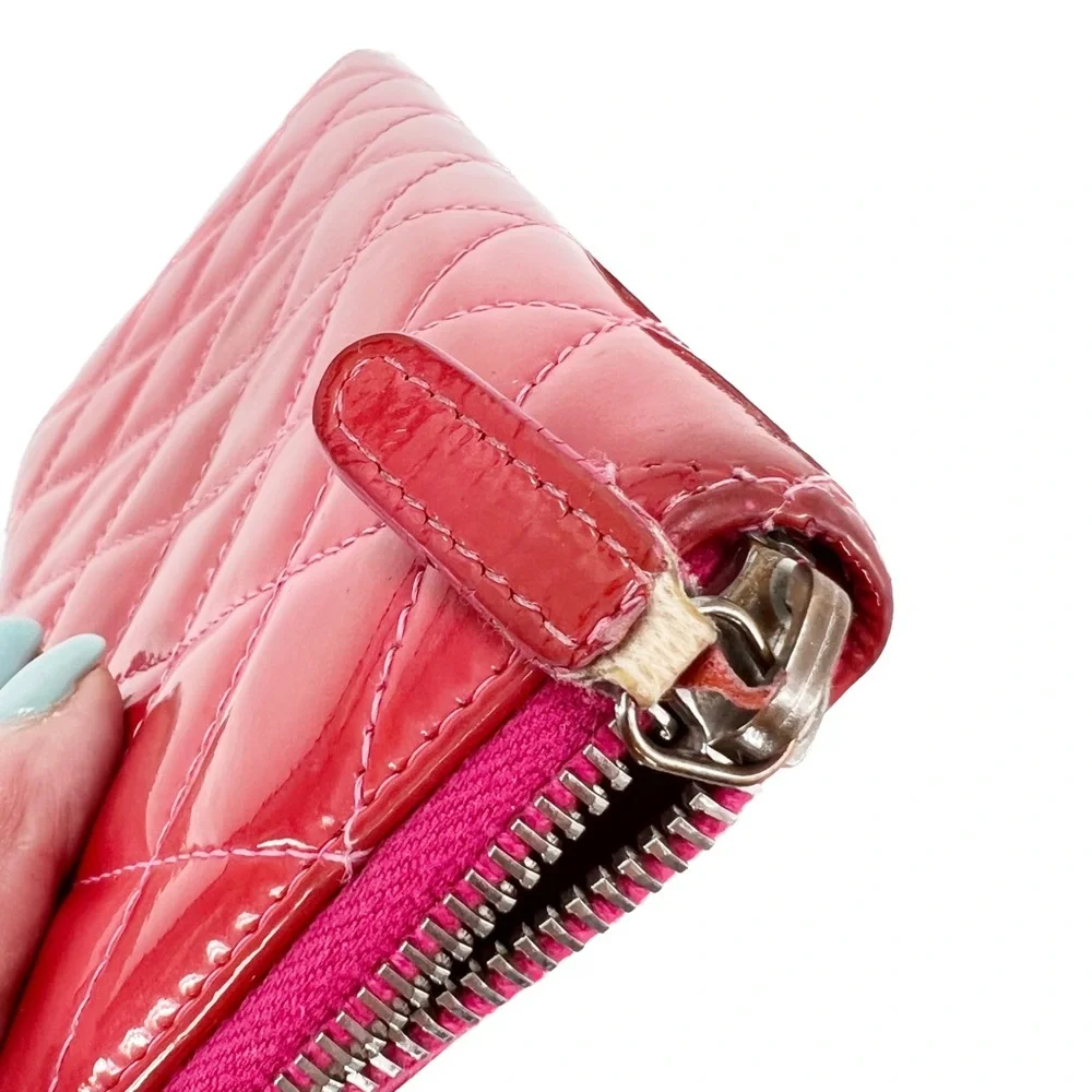 CHANEL Patent Quilted Zip Around Long Wallet Pink Salmon 14 Series (2011)